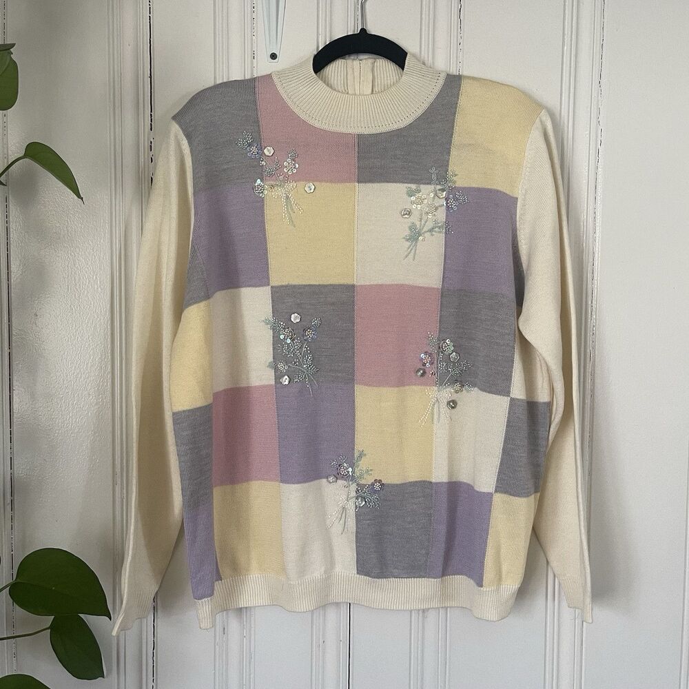 Alfred Dunner Women Cream Pastel Colorblock Embellished Mock Neck Sweater Sz XL